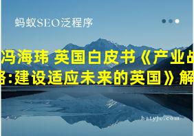 冯海玮 英国白皮书《产业战略:建设适应未来的英国》解读