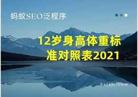 12岁身高体重标准对照表2021